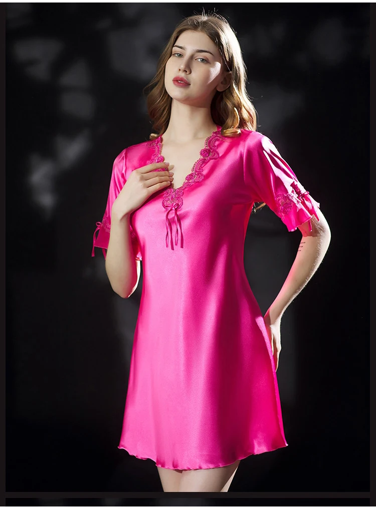 Women's Silk Sleepwear Large Size Sexy Lace Thin Silky Satin Nightgown Summer Female Lingerie Nightgowns for Sleeping