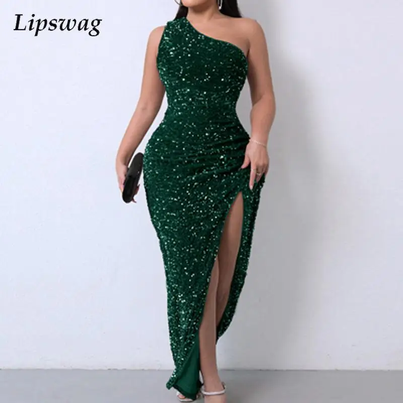 

Платье женское длинное с блестками, пикантное элегантное вечернее офисное модное на одно плечо с диагональным воротником и высоким разрезом