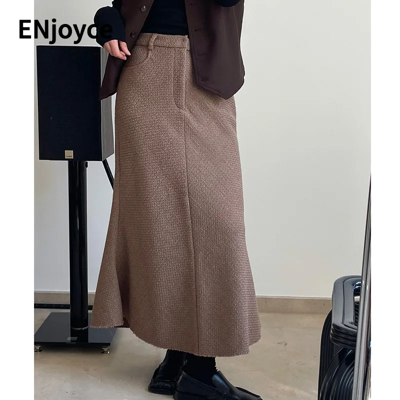 Vintage Chic Tweed Wool Knitted Fishtail Skirt Women High Waist A-line Skirts Korean Style Slim Fit Long Dress 2022 Fall Winter