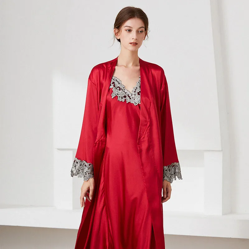 Women's Sleepwear 2 Pcs Sets Satin Sleep Dress Silk Sleeveless Sling Dress and Robe Lace V-Neck Pajamas Set