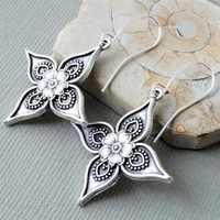 vintage cubic zirconia metal hand carved flower pattern womens hook drop earrings