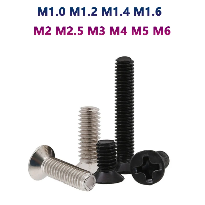 

M1 M1.2 M1.4 M1.6 M2 M2.5 M3 M4 M5 M6 Mini Small Cross Phillips Flat Countersunk Head Screw Bolt Black Zinc/Nickel Plated