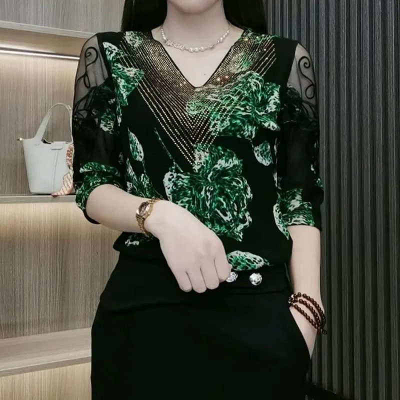 Женская винтажная Сетчатая футболка с V-образным вырезом и рукавом 3/4