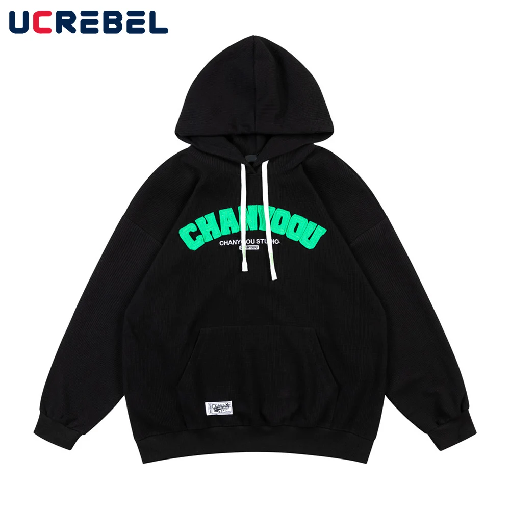 

Letter Embroidery Sweatshirts Mens High Street Waffle Texture Hoodies Autumn Casual Streetwear Loose Pullover Men