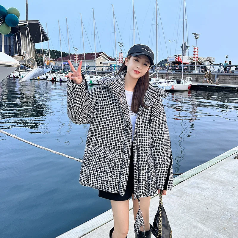 2022 New Houndstooth Disposable Cotton Clothing Cotton Coat Female Loose Thick Hoodie Padded Coat Tide