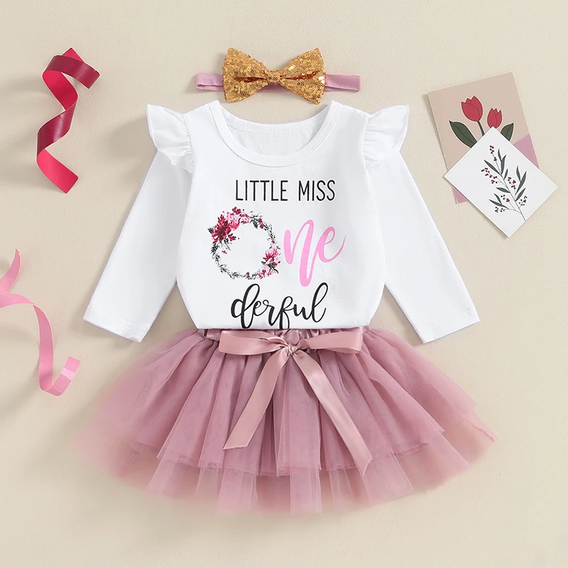 

Baby Girl Happy Birthday Outfits Letter Floral Print Crew Neck Long Sleeve Rompers Layered Tulle Skirts Headband 3Pcs Clothes