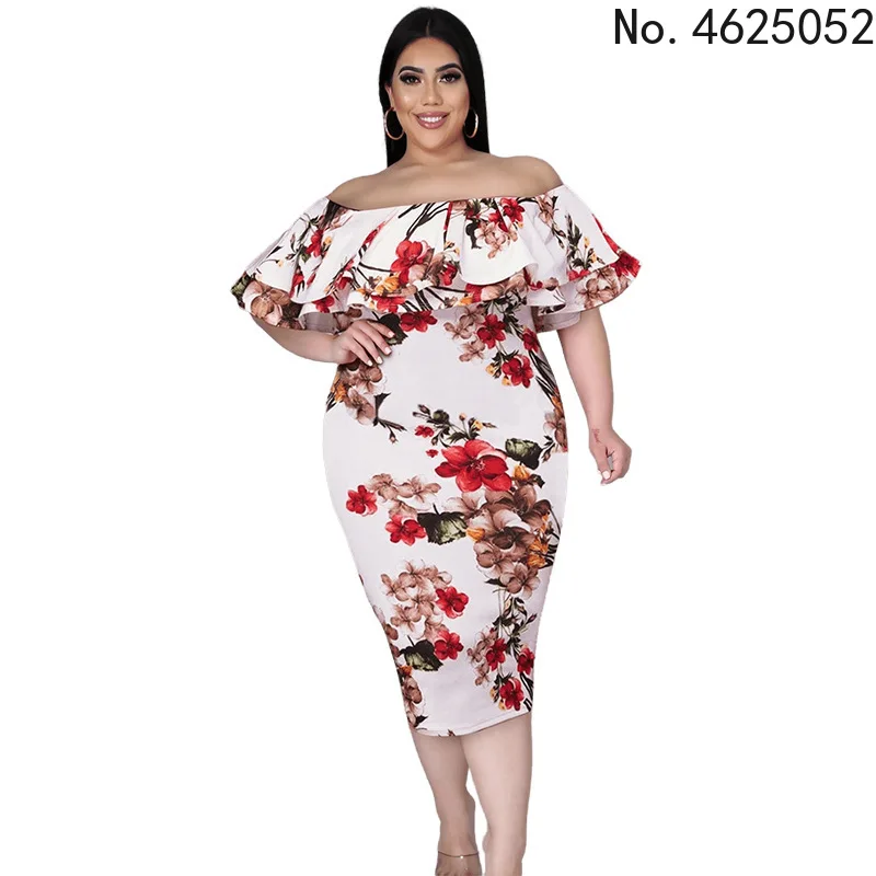 

Plus Size Summer Dress for Women Fashion Ruffle Slash Neck Midi Bodycon Dresses Clubwear Knee-Length