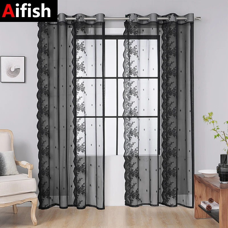 

2PCs Black Floral Sheer Embroidered Lace Tulle Curtain for LivingRoom Bedroom Grommet Ring Top Romantic French Bay Window Drapes