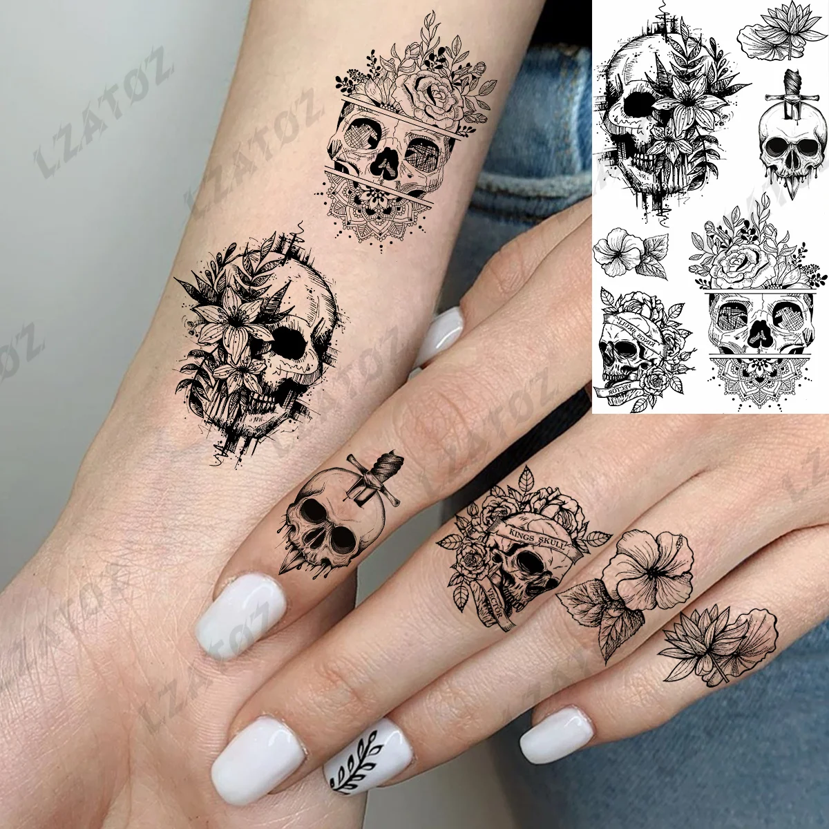 DIY Rose Flower Temporary Tattoos For Woman Man Realistic Skull Peony Fake Tatoos Finger Water Transfer Small Tattoo Sticker