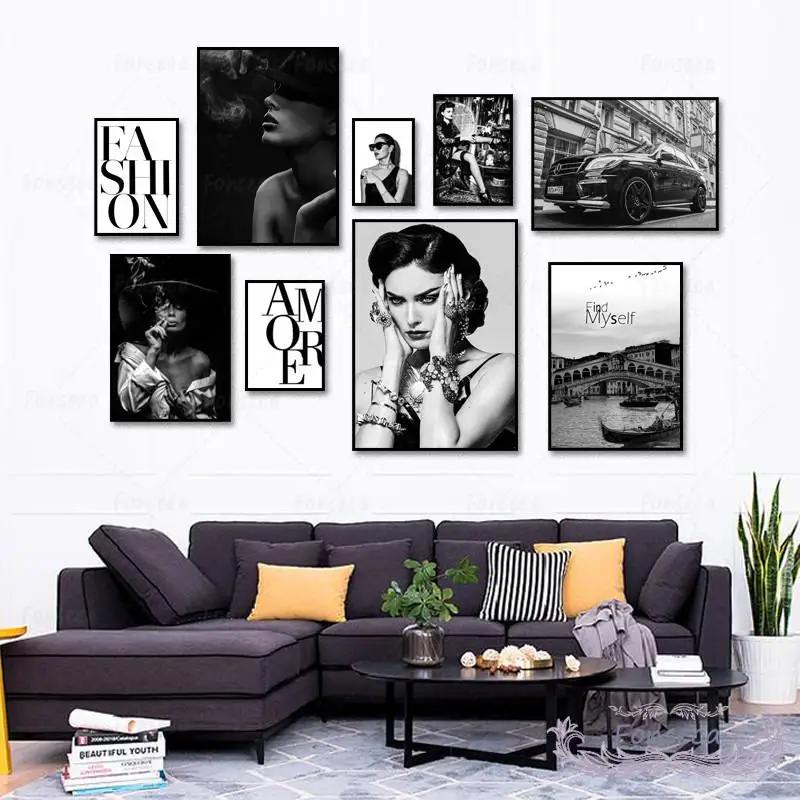 

Modern Nordic Black and White Smoking Woman Sexy Female Poster Fashion Amore Quotes Picture Wall Art Prints Canvas Painting