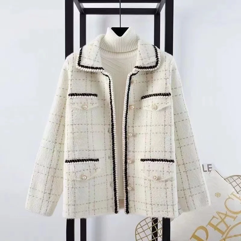 

Jacket Outerwear Korean Wool Blends Women Luxury Brand V-Neck Plaid Wide Waisted Tweed Coat Fashion Vintage