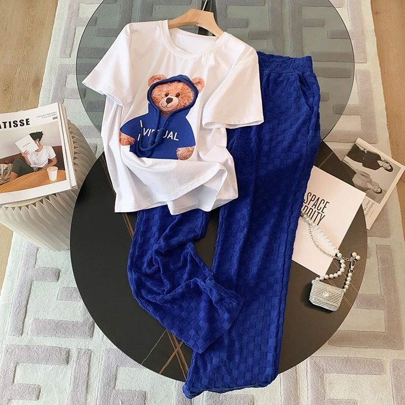 

Set Of Two Fashion Pieces For Women 2022 Summer Loose Short Sleeved T-Shirt+Plaid Wide Leg Pants Suit Women's Casual Tracksuit