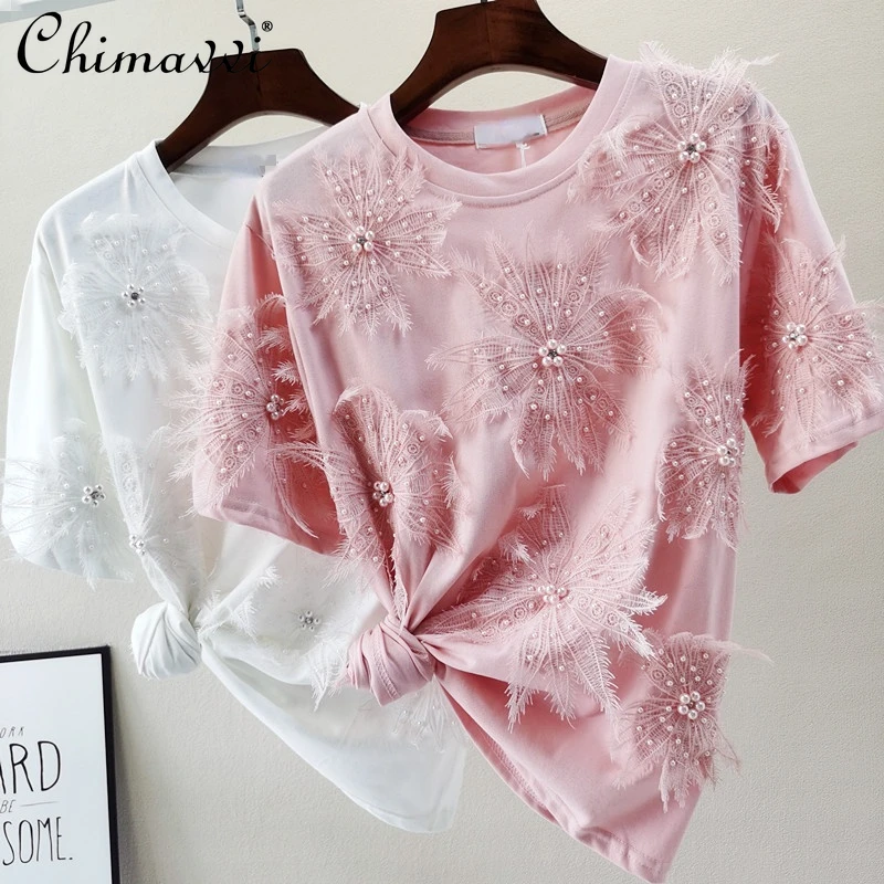

2022 Spring and Summer Fashion Lace Flower Beaded Round Neck Top Loose Slimming Short Sleeve T-shirt Women's Inner Wear
