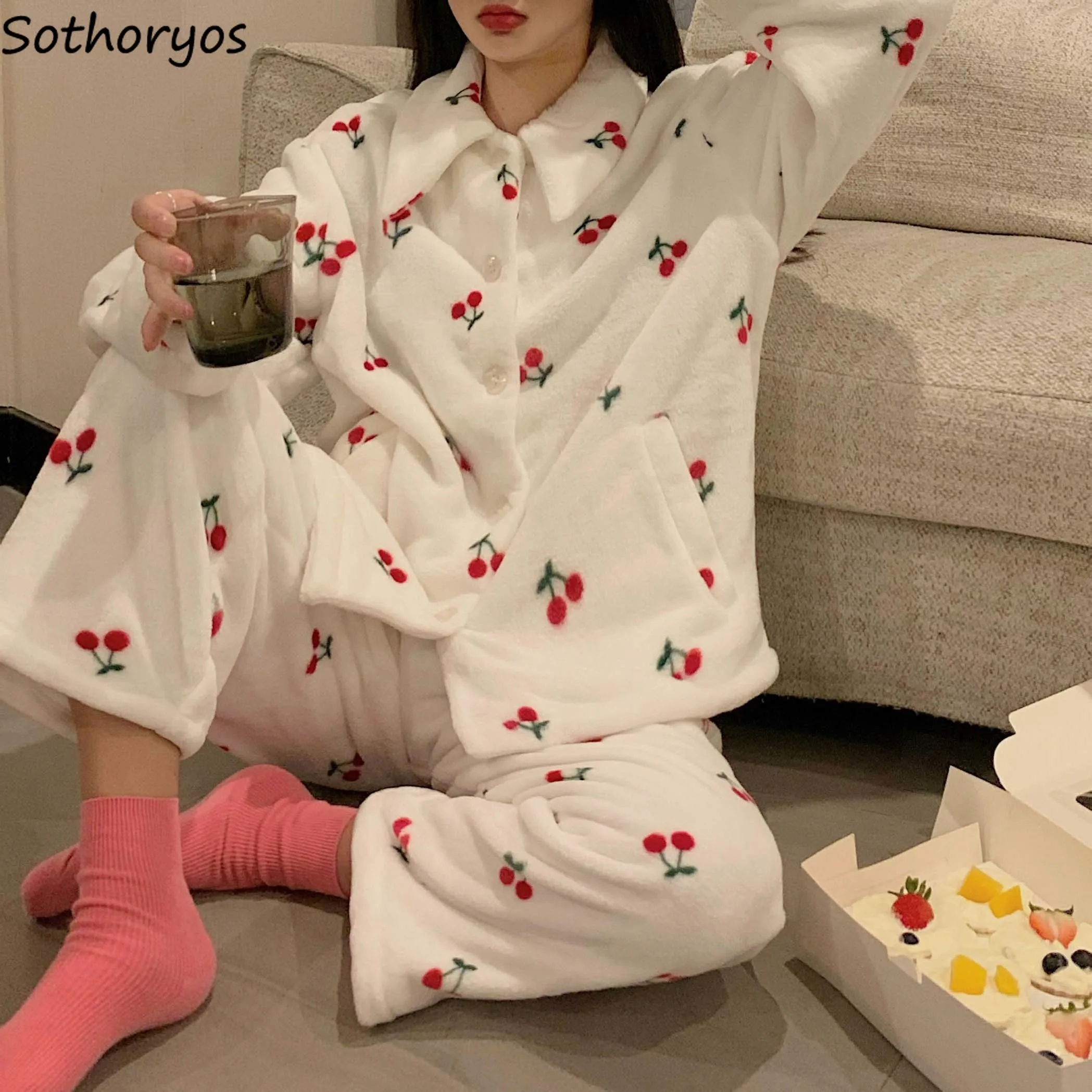 

Women Flannel Pajama Sets Printed Turn Down Collar Warm Sleepwear Autumn Winter Lounge Sweet Loose Pyjamas Cute Soft Comfortable