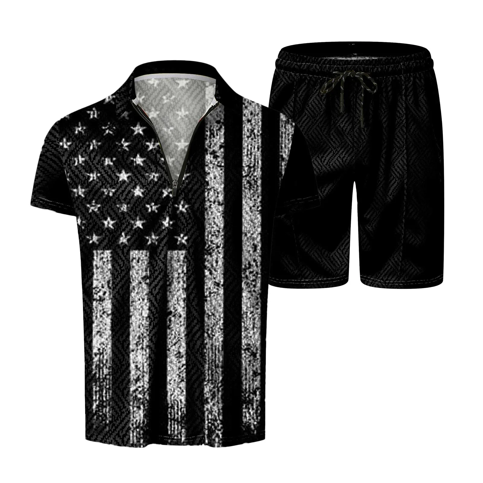 Men 4th Of July 2 Piece Suit Stripe Print Polo Shirt Breathable Shorts Male Set Ropa Hombre Streetwear Dailywear Conjuntos