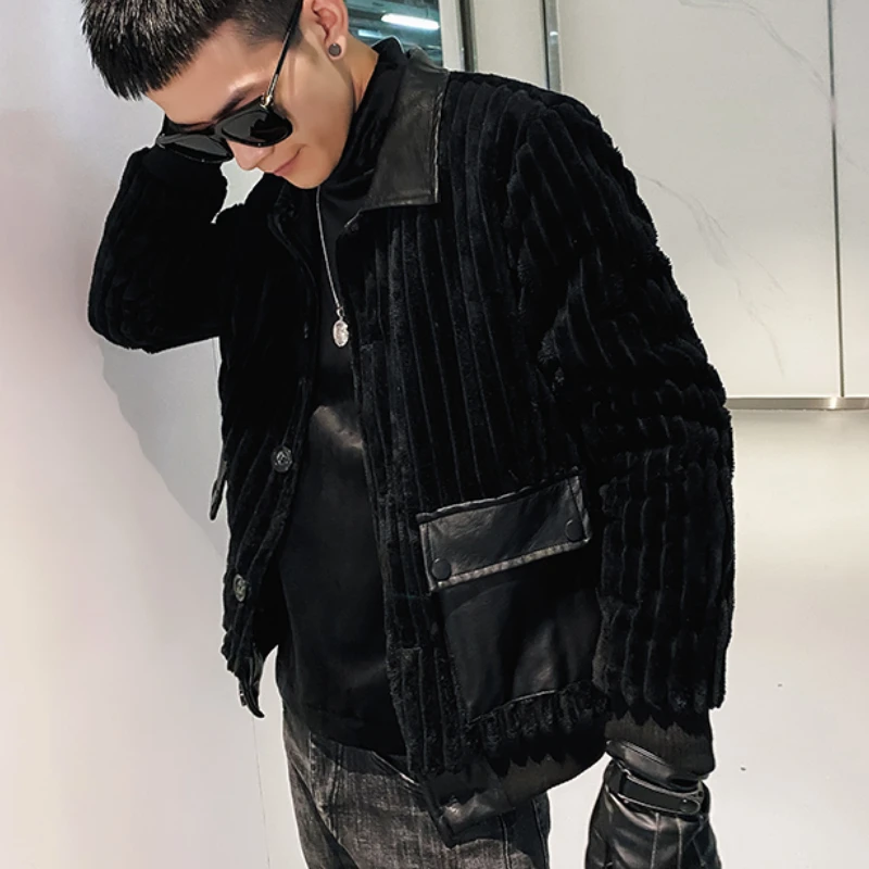 2022 Winter Corduroy PU Patchwork Jacket Men Fashion Streetwear Parka Jackets Lapel Slim Casual Business Overcoat Men Clothing