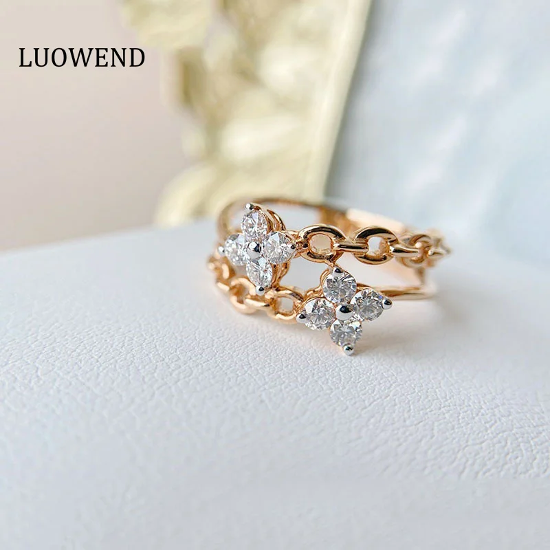 

LUOWEND 100% 18K Rose Gold Rings Double Layer Design Real Natural Diamond Ring for Women Party Jewelry