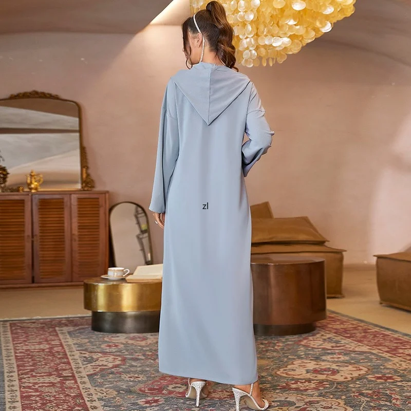 Muslim Dress Ramadan Grey Hooded Hand-sewn Diamond Dress Moroccan Style ABAYA 2022 New Kaftan Djellaba Vestidos