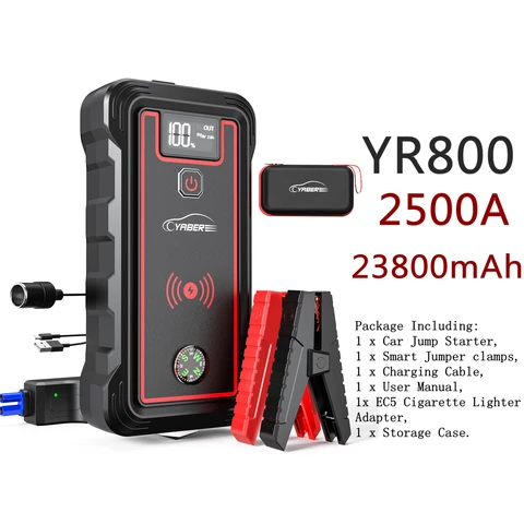 YABER 2500A Автомобильный стартер Аккумулятор 23800 мАч Портативный автомобильный аккумулятор 10 Вт Беспроводное зарядное устройство Светодиодный светильник Безопасный аккумулятор Зарядное устройство Jump Starter