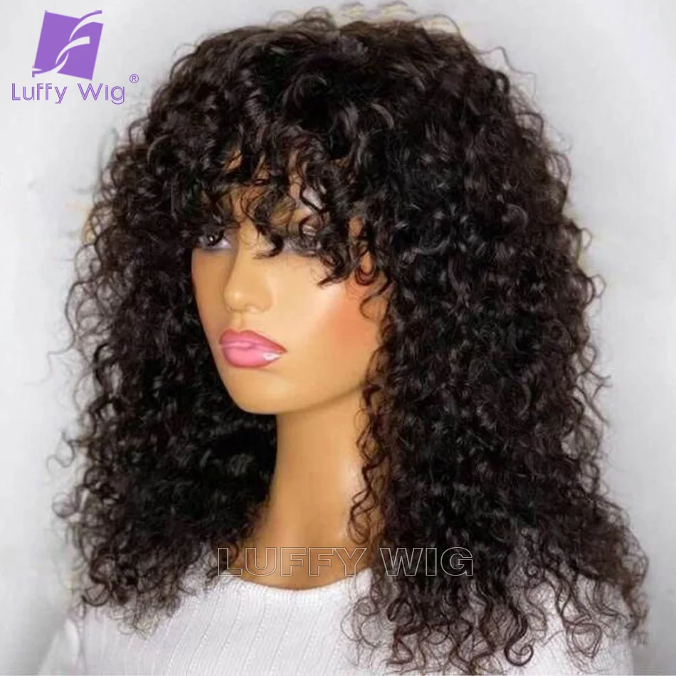 Curly Human Hair Wigs With Bangs 200 Density Full Machine Made Scalp Top Wig Remy Brazilian Jerry Curly Wig For Women Luffywig