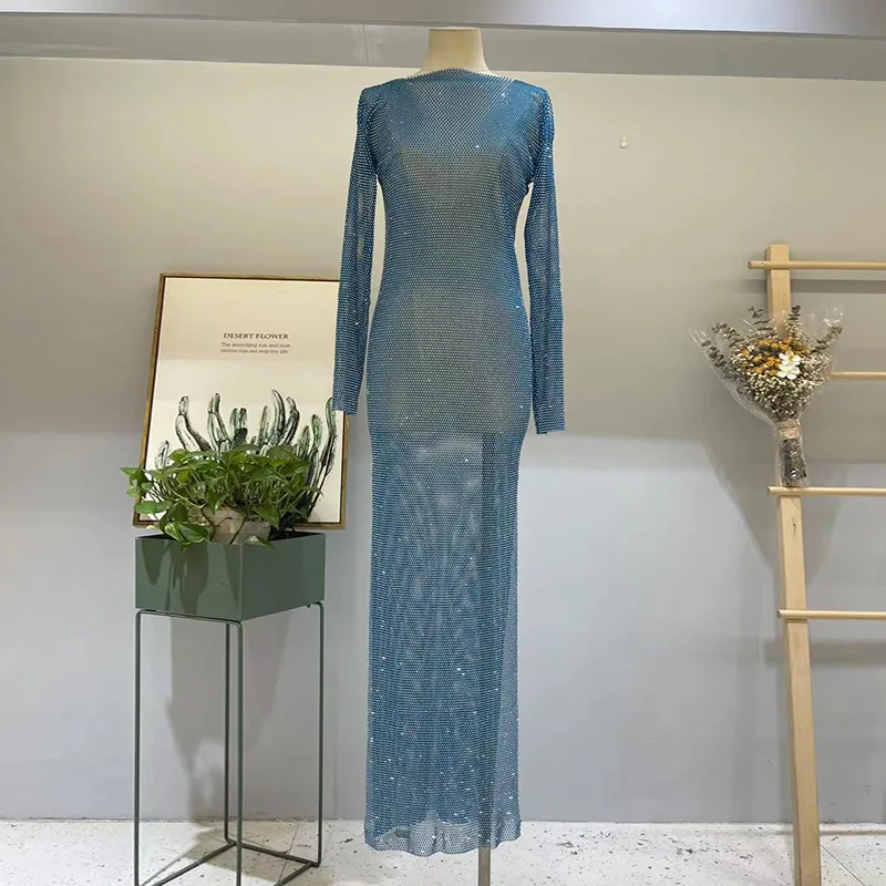 Fashion New European Station Luxury Avant-garde Mesh Diamond Banquet Dress Rhinestone Long-sleeved Full Diamond Dress