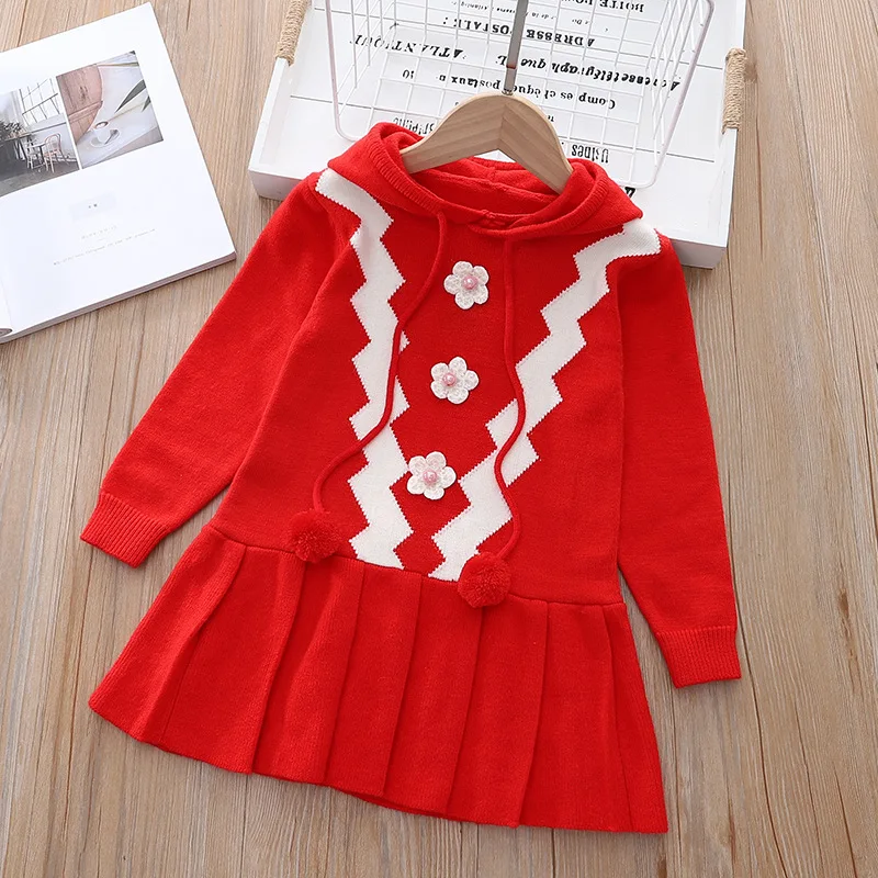 

Корейская версия, одежда на осень и зиму, новинка, свитер с капюшоном и цветочным принтом для девочек, платье принцессы 3-8, вязаное платье с д...