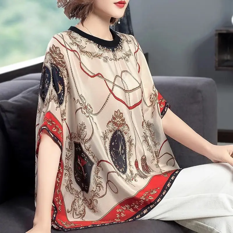 

Vintage Printed All-match Chiffon Batwing Sleeve Blouse Women's Clothing 2023 Spring New Casual Pullovers Loose Korean Shirt