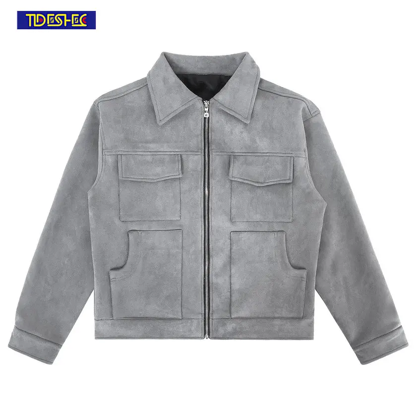 

Куртка мужская короткая из замши, однотонная теплая верхняя одежда на молнии, с несколькими карманами, уличная одежда, в стиле ретро