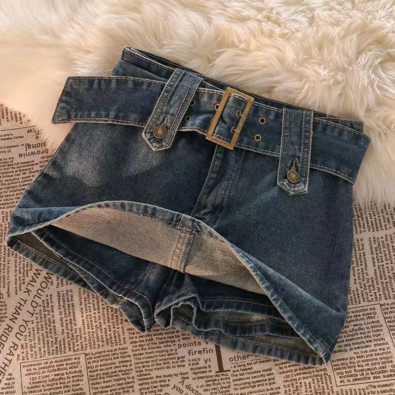

2023 Y2K Vintage Women Korean Button Belted Short Denim Mini Skirts Aesthetic Fairy Grunge High Waiste Jeans A-line Skirt Alt Cl