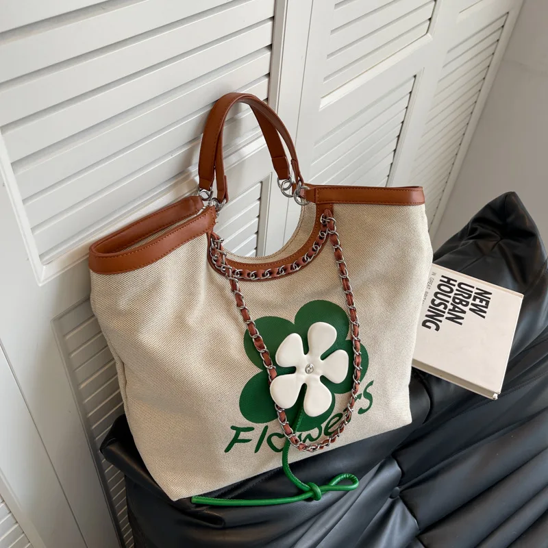

Women's Canvas Casual Tote Large Capacity Flower Bag Female Designer Shoulder Fashion Shopping Travel Handbags for Mall Shop