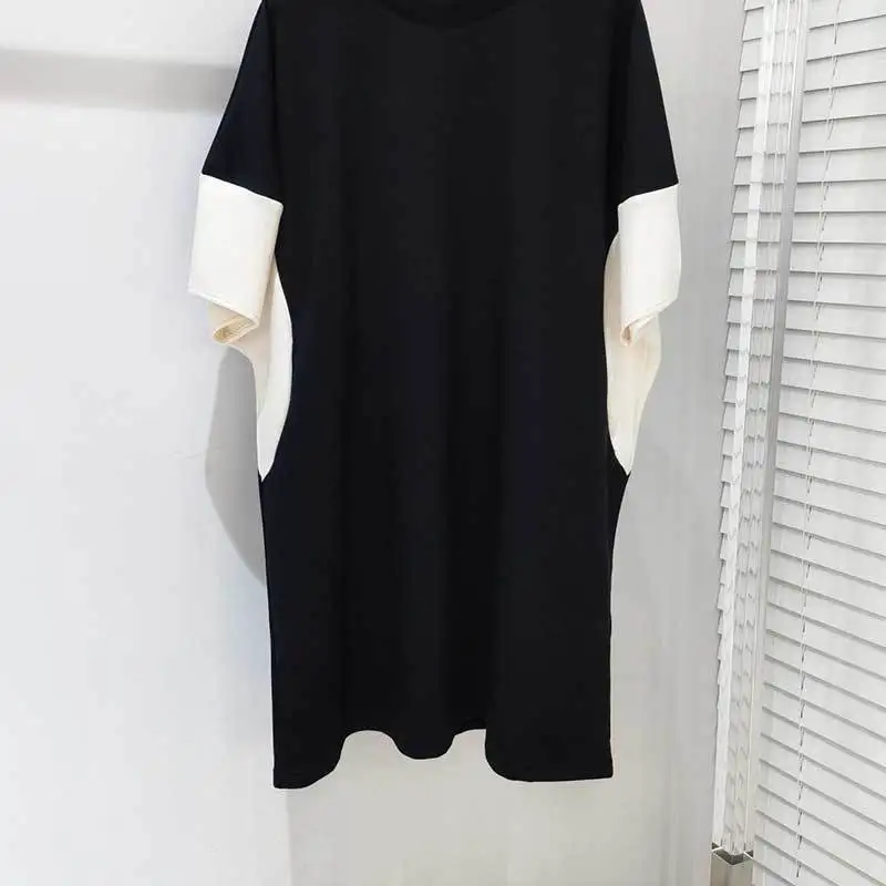 23Fashion New Cotton Black Shift Dress Runway Simple Round Neck Short Sleeve Pockets Dresses Causal Chic Women High End Clothes