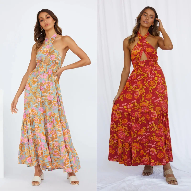 

2022European and American Spring and Summer New Sexy Lace-up Halter Split Print Holiday Dress