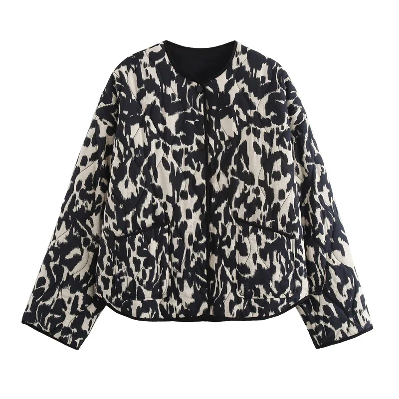 TRAF парки 2024 женская стеганая куртка с леопардовым принтом винтажная короткая