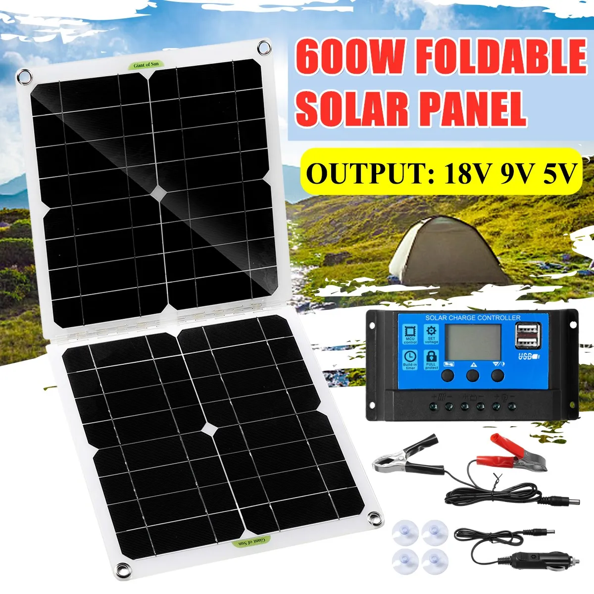 

600W Foldable Solar Panel Kit Complete 20A Lithium Solar Charge Controller Solar Cell Dual USB Battery Charger for Camping phone