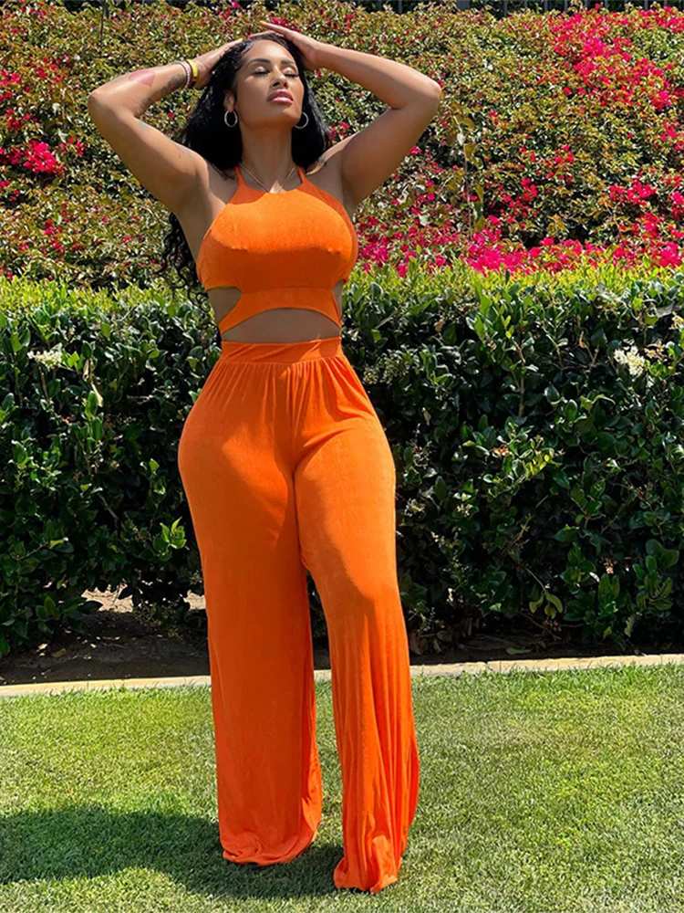 

Woman Sleeveless Shirt Long Pants Suit Female Halter Neck Show Waist Tops Trousers Girl Backless Fashion Lace Up Clothes 2022