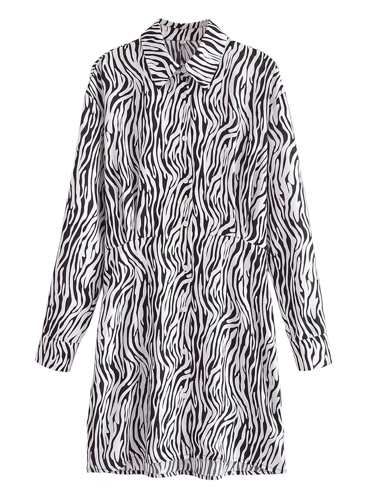 

YENKYE 2022 Fashion Women Long Sleeve Vintage Zebra Stripes Dress Lapel Collar Female Shirt Dress Summer Vestido Short Robe