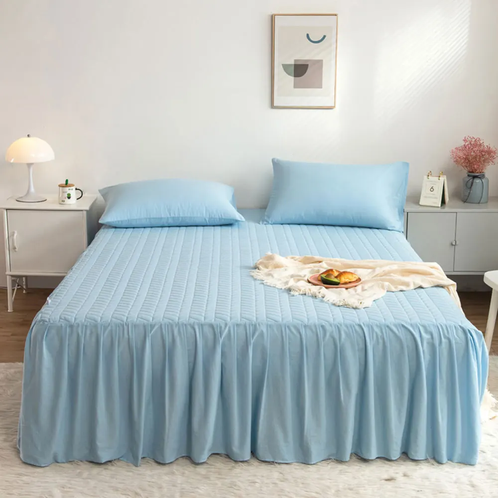 

Svetanya Simple Blue Solid Quilting Bedskirt Elastic Band Mattress Protector Wahed Cotton with Filler Fitted Sheet Pillowcases