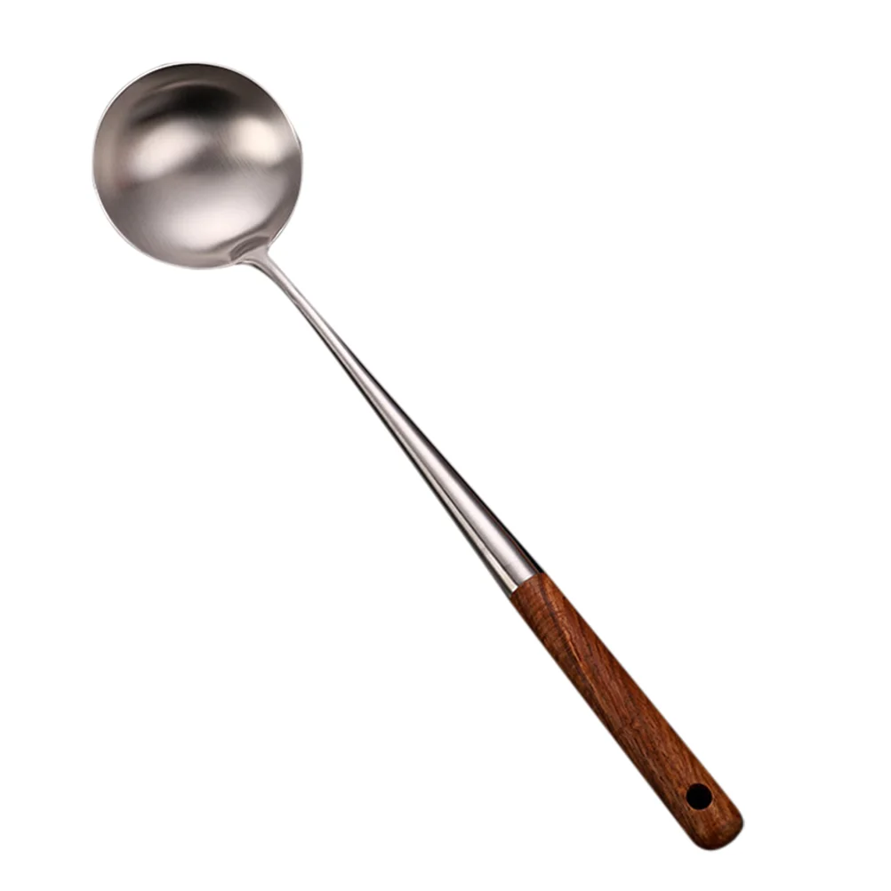 

Wok Ladle Stainless Steel Cooking Stirring Ladle Spoon with Wooden Handle Soup Spoon Porridge Scoop Spoon for Home Kitchen