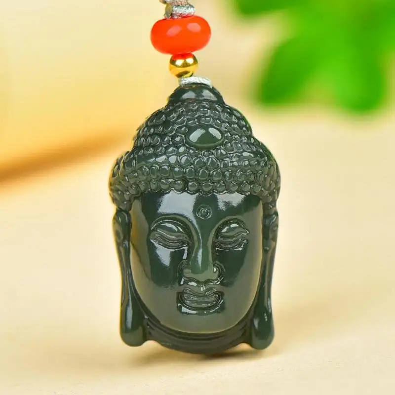 

24*36mm Natural Green Jade Buddha Head Pendant Necklace Men Women Genuine Chinese Hetian Jades Lucky Charms Amulet Sweater Chain