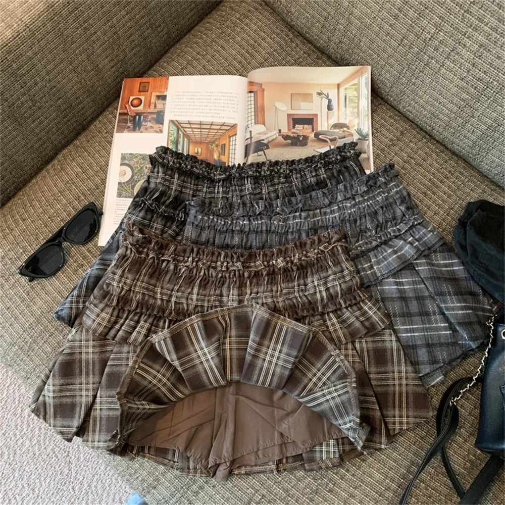 Женская мини-юбка с оборками клетчатая супер короткая юбка высокой талией в