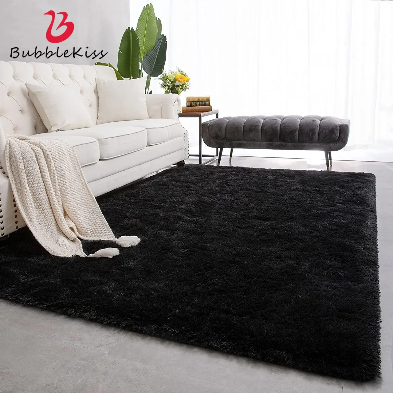 

Bubble Kiss Solid Thick Fluffy Carpets Living Room Decor Black Shaggy Area Rugs For Bedroom Bedside Kid Room Floor Mat Plush Rug