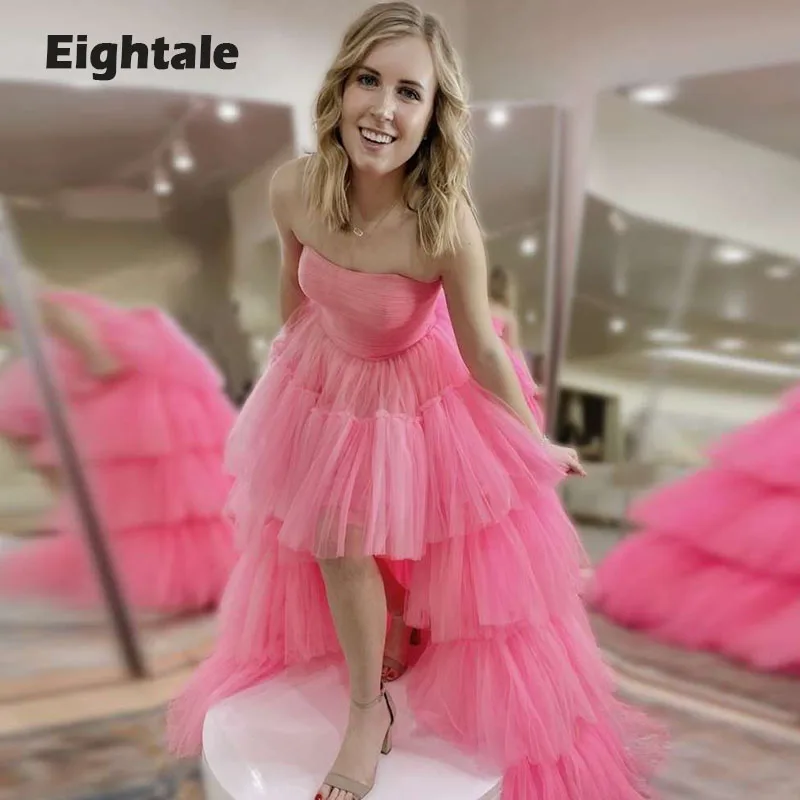 

Eightale High Low Prom Dresses Ruffles Pink Tulle Short Front Long Back Party Dresses Strapless Graduation Evening Gowns