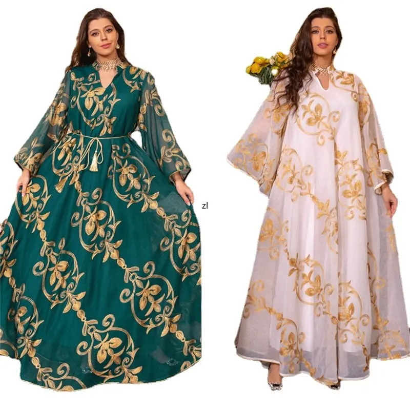 Muslim Woman Abaya Turkey New 2023 Floral Mesh Embroidery Belted Kaftan Big Hem Dress Ramadan Jalabiya