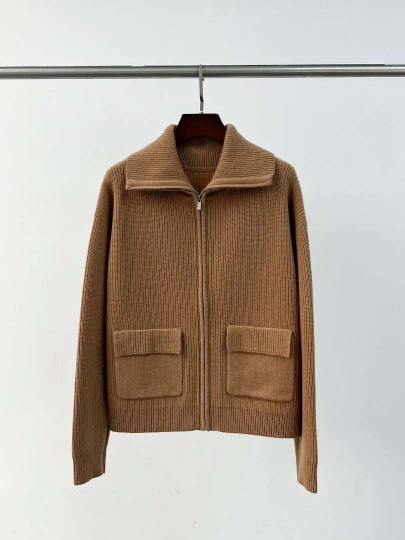 

Женский простой свитер из 100%-ной шерсти, трикотажный кардиган с отложным воротником, на молнии, с карманами, 3 цвета, Осень-зима 2023