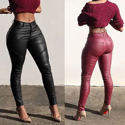 

Sexy Ladies Black Red Stretch Pencil Pants Women Fashion Full Length High Waist Tight PU Leather New Solid Color Leggings Pants