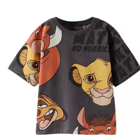 Новинка лета 2023, Детская футболка с коротким рукавом, топы с мультяшным принтом льва, футболки, детская одежда Disney, футболка с круглым вырезом для мальчиков