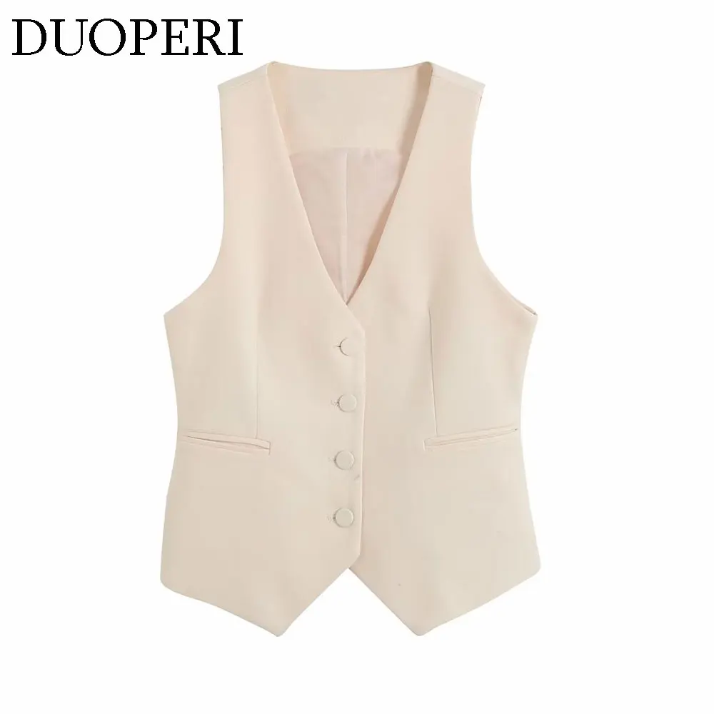 Бежевый женский модный жилет с v-образным вырезом и однобортной застежкой из