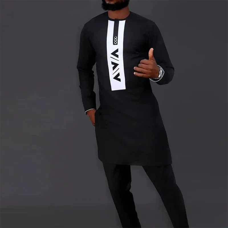 M-4XL 2022 Summer Fashion African Men Black Long Sleeve Cotton Plus Size Two Pieces Sets Top and Long Pant African Sets