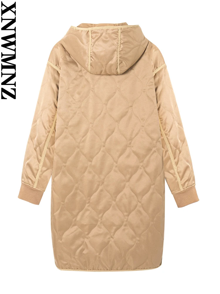 XNWMNZ Women Fashion Autumn Winter Warm Khaki Hood Parkas Padded Jacket Pockets Female Warm Long Coat