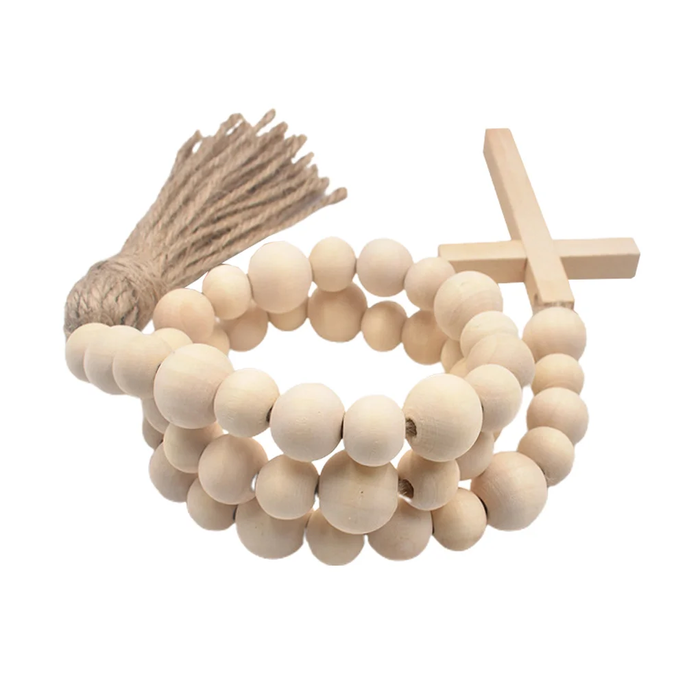 

Beads Garland Bead Wood Cross Tassel Wooden Prayerstring Farmhouse Bar Coffee Sign Rustic Hangingbeaded Decor Country Pendant B